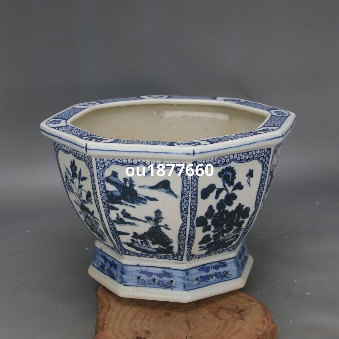 青花開窓山水花紋八方鉢 山野草鉢 多肉植物 植木鉢 小品大品盆栽鉢 陶器鉢置物