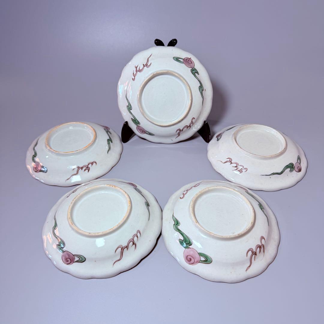 古伊万里　色絵金襴手賢人図輪花皿　5枚　直径15.6㎝　取り皿　幕末～明治期