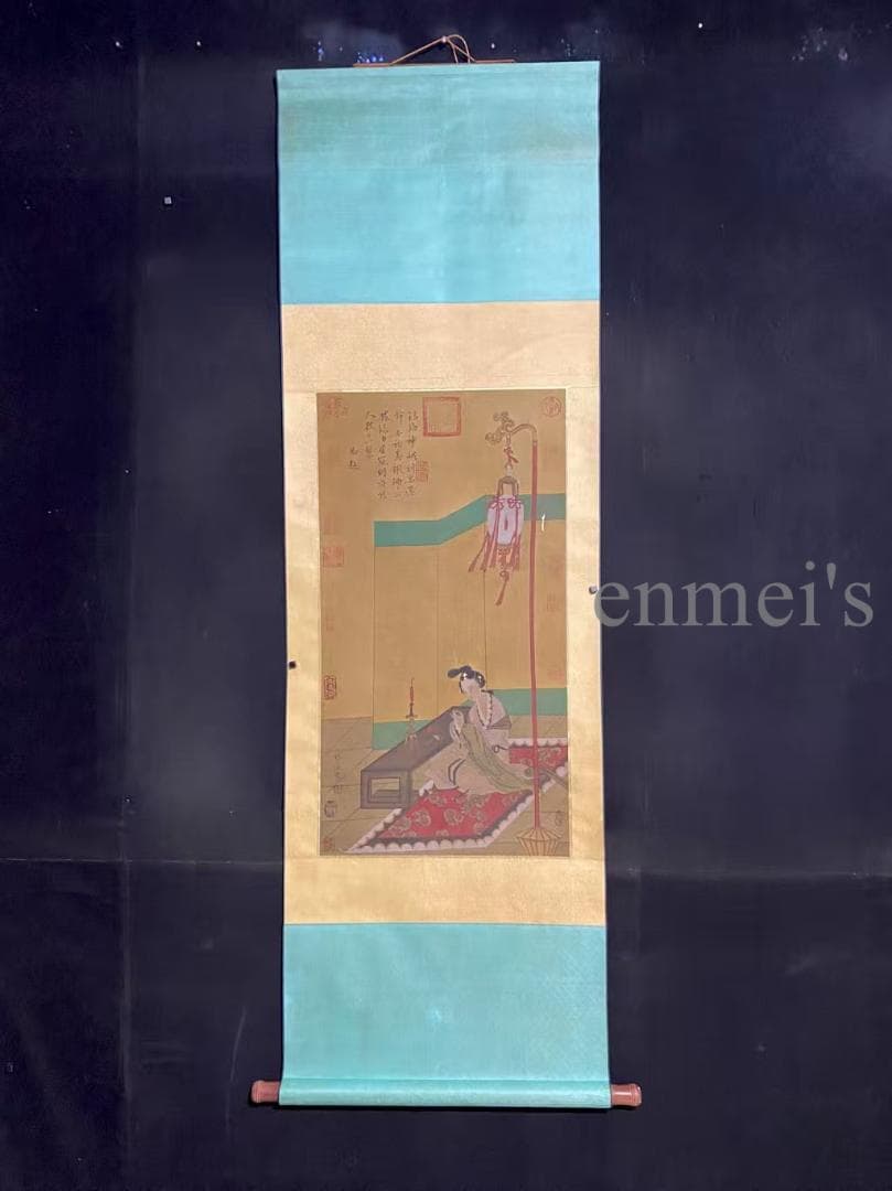 中国古美術 唐代 張萱款 青と金色の女性と提灯の掛軸 絹布 唐物 書画 水彩画