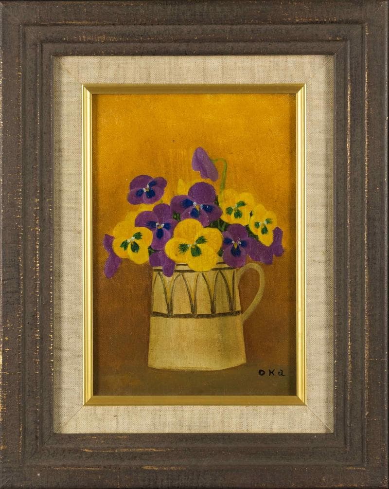 岡鹿之助　油彩　肉筆『パンジー』表サイン　共シール　SM号　額装　b885