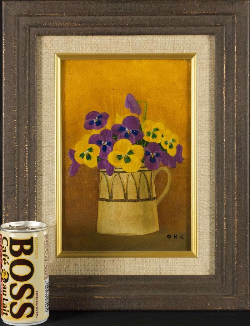 岡鹿之助　油彩　肉筆『パンジー』表サイン　共シール　SM号　額装　b885