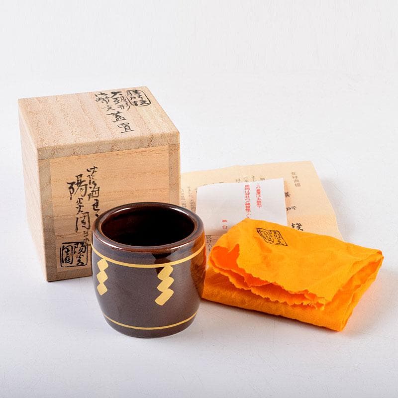 茶道具　膳所焼　淡海ぜぜ　陽炎園造　太鼓形　〆縄蒔絵　蓋置　共布共箱　V8752