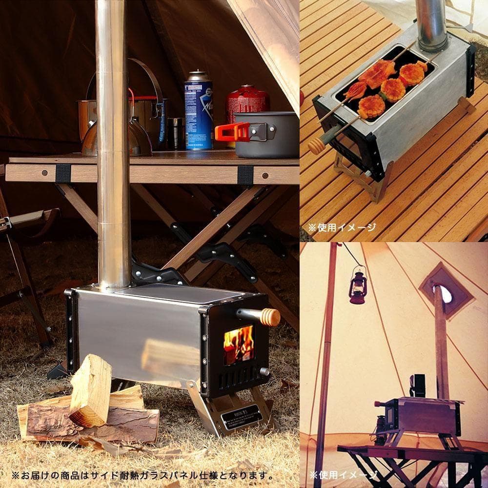 ⑭ 折りたたみ式 薪ストーブ サイドガラスパネル 3面ガラス 重量4KG