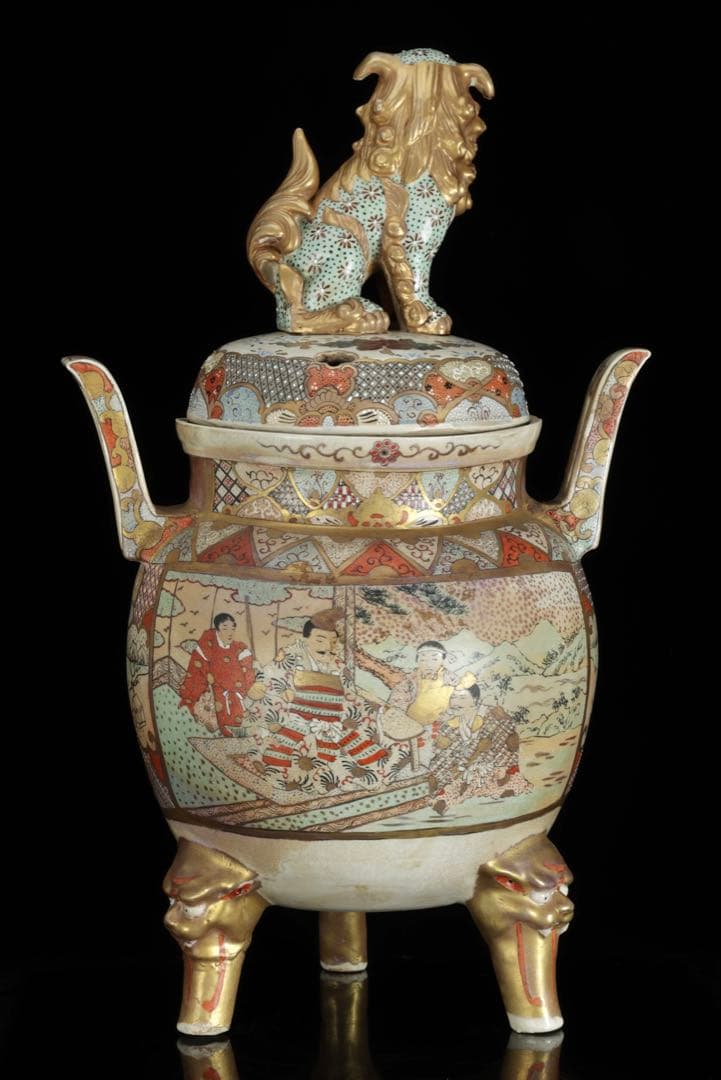 薩摩焼 金襴手金彩色絵 武者人物図 獅子摘三足大香炉 62㎝ 共箱 古美術 骨董