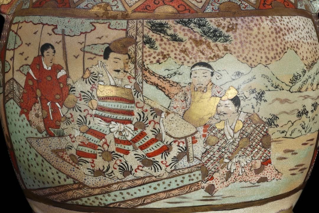 薩摩焼 金襴手金彩色絵 武者人物図 獅子摘三足大香炉 62㎝ 共箱 古美術 骨董