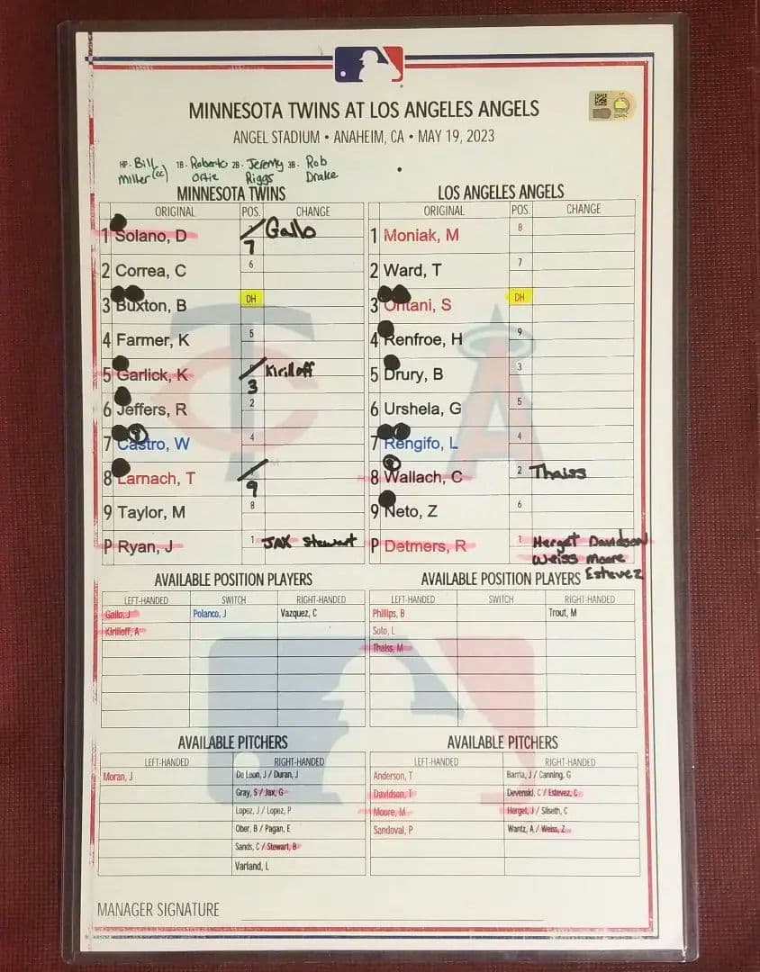 【実使用】大谷翔平 ラインナップカード MLB エンゼルス ツインズ MVP