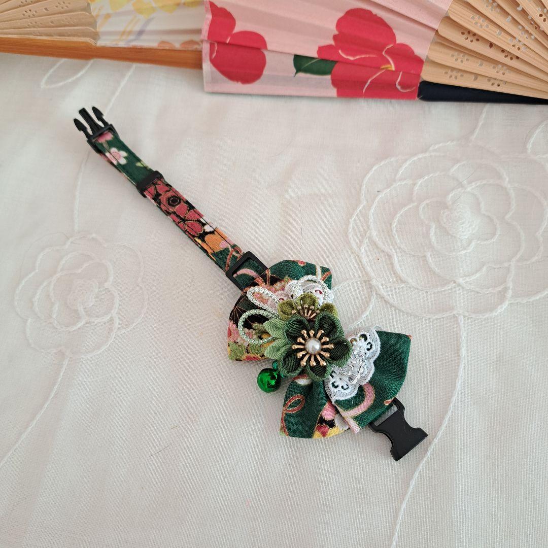 ダブルリボン、和風つまみ細工(緑)わんちゃん猫ちゃん用首輪