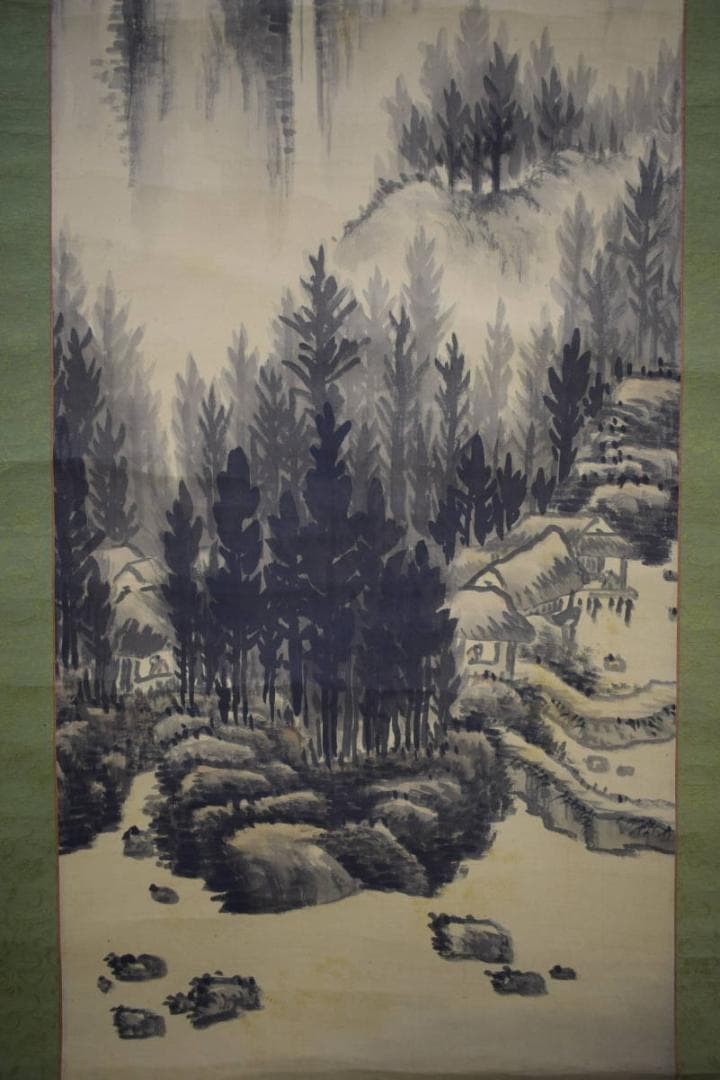 真作/野倉鉄真/山水村図/布袋屋掛軸HG-499