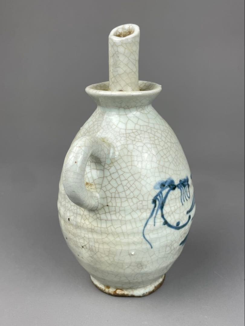 李朝 油注瓶 水注 朝鮮陶磁器 白磁 染付 蔓草文様 古染付 時代物 朝鮮陶器