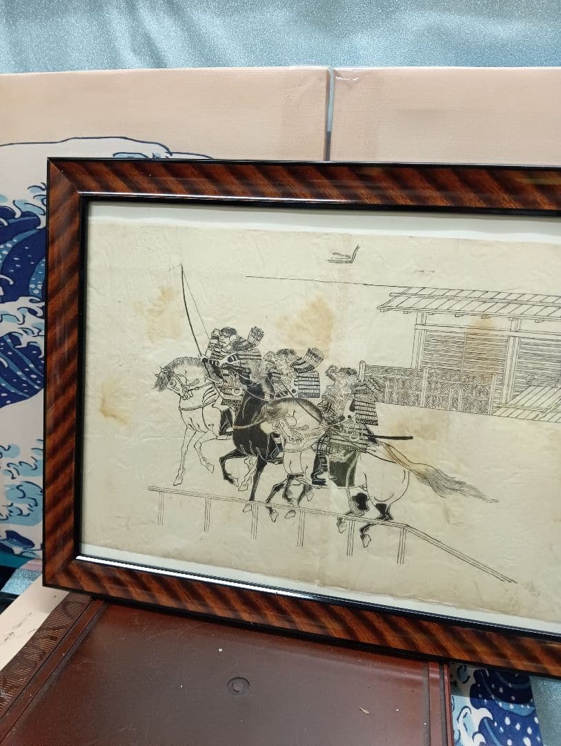 江戸時代後期幕末頃武家旧家蔵出馬上武者絵図古文書資料横幅４４Ｘ縦３２センチ額装品