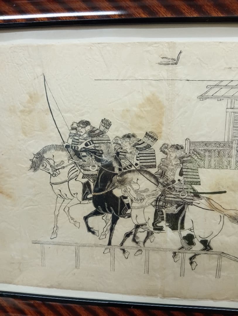 江戸時代後期幕末頃武家旧家蔵出馬上武者絵図古文書資料横幅４４Ｘ縦３２センチ額装品