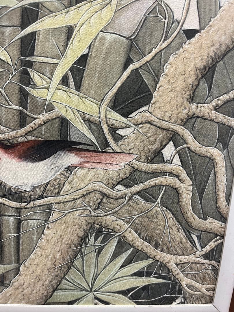 31カリム　竹林と鳥　布　油彩