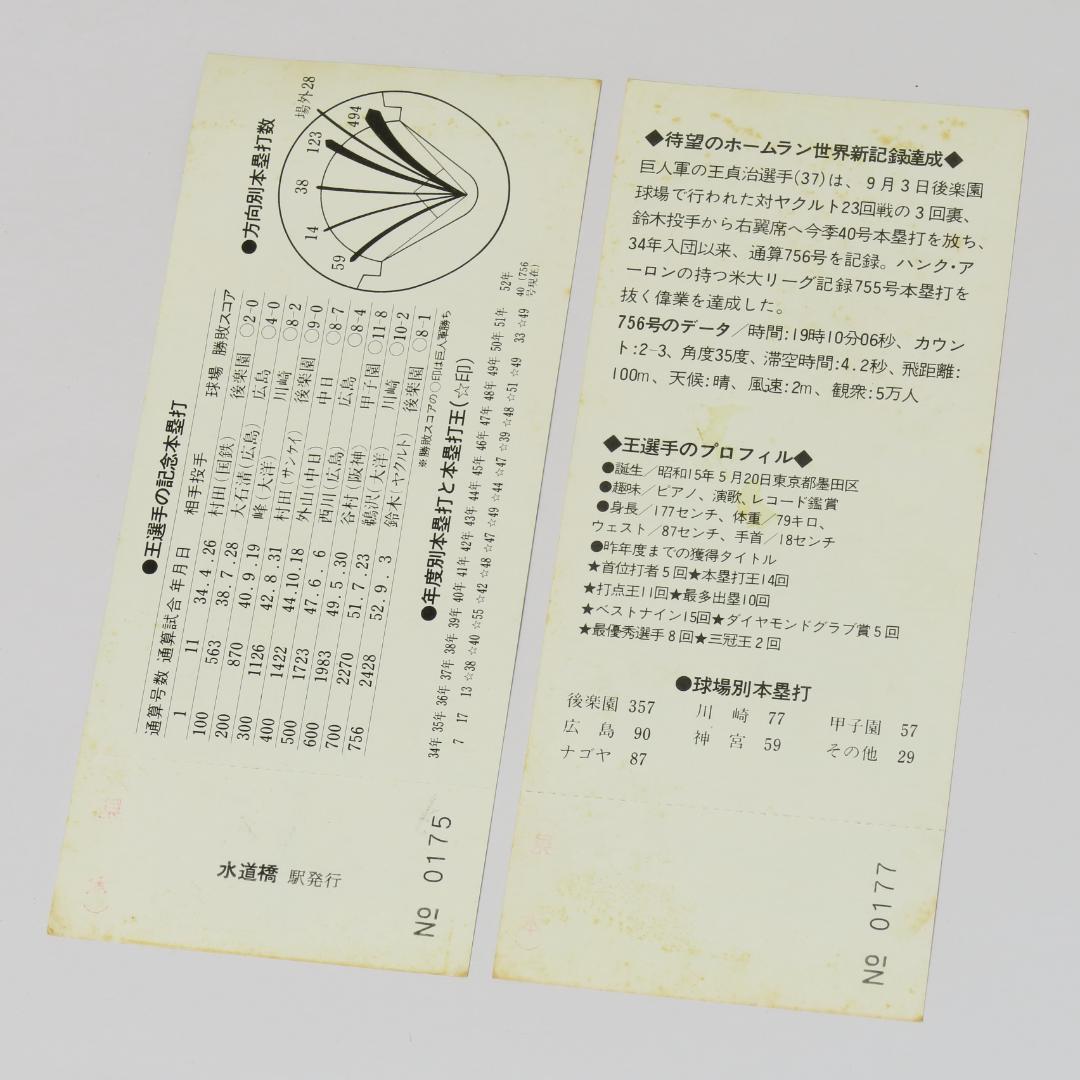 王貞治 ホームラン世界新記録達成　記念入場券 記念乗車券 見本表示付き