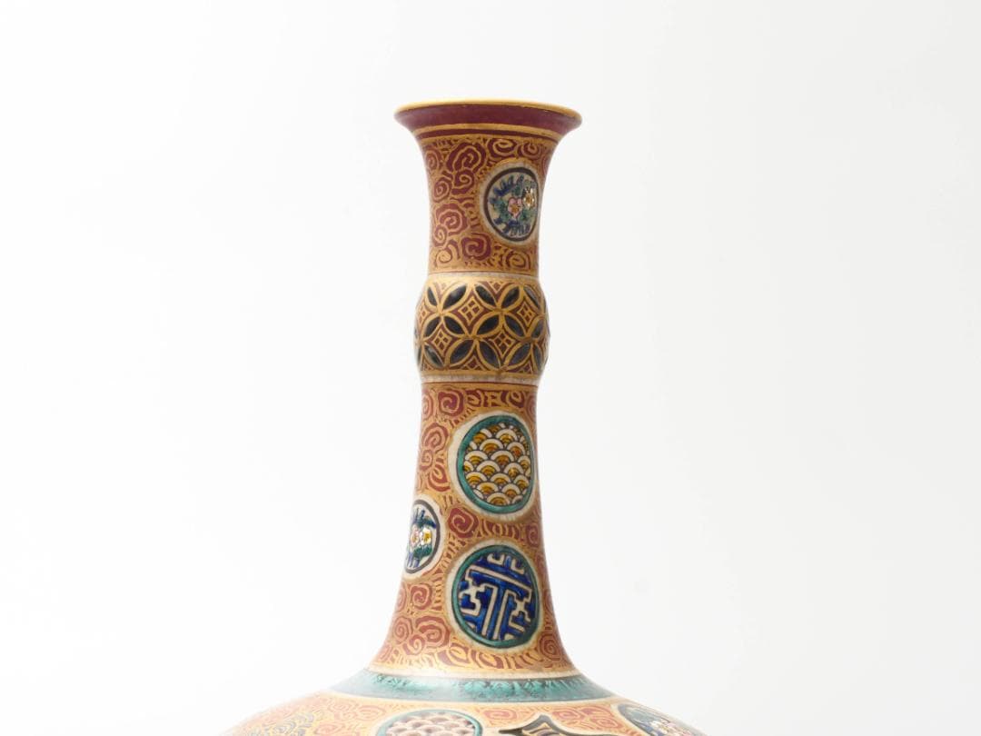 幕末名工 【九谷庄三】造 色絵金彩図変鶴首 花瓶 花器 高さ27.5ⅽm