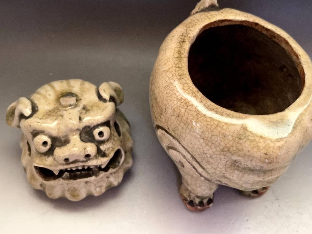香炉■古い獅子香炉 (江戸期) 透かし獅子頭火屋 古陶器 四つ足 時代物 骨董■