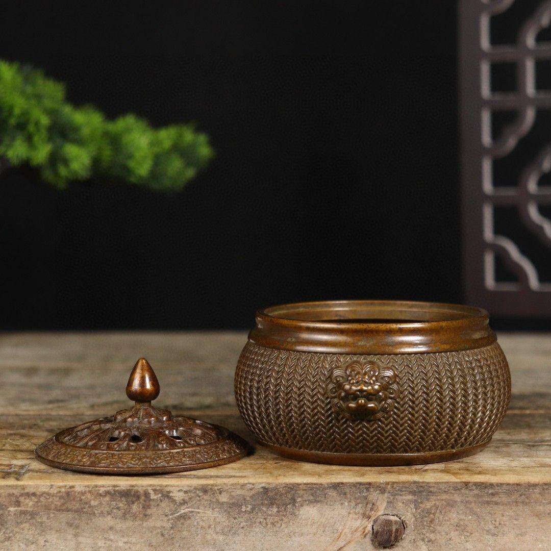 双獅耳竹細工蓋薫香炉 铜香炉 茶道置物