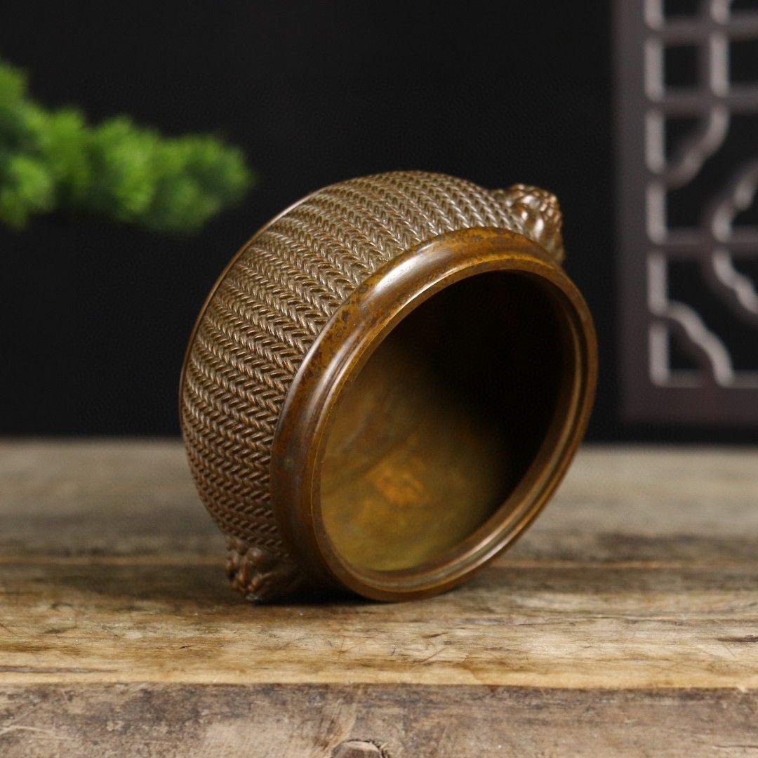 双獅耳竹細工蓋薫香炉 铜香炉 茶道置物