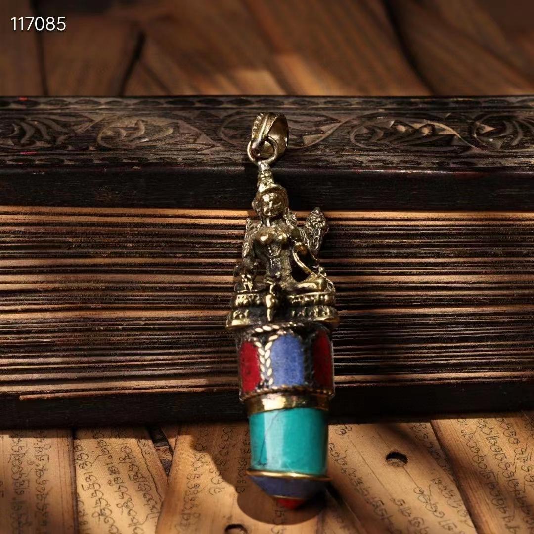 中国古美術・西蔵工芸・純銅製緑度母・宝石入りペンダント・根付・飾物・西蔵手工芸