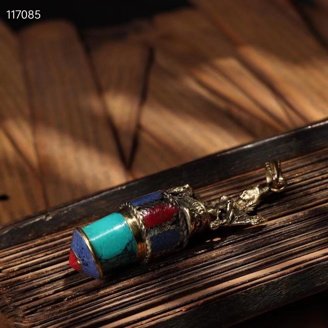 中国古美術・西蔵工芸・純銅製緑度母・宝石入りペンダント・根付・飾物・西蔵手工芸