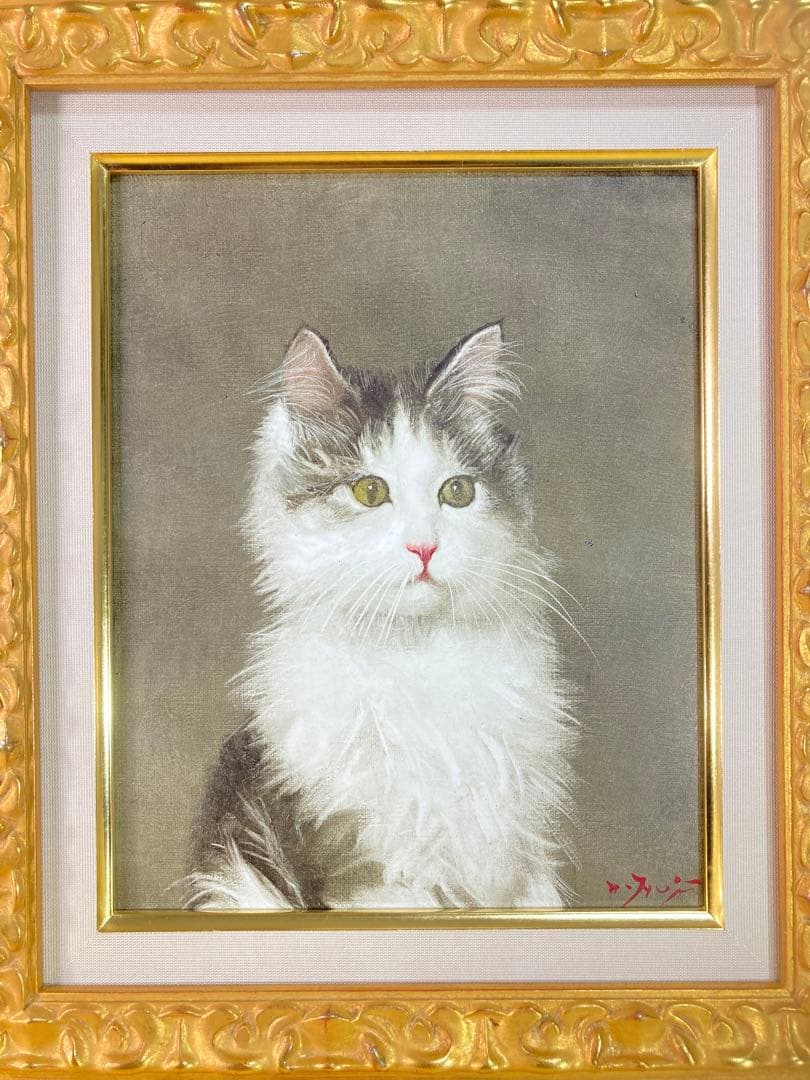 【真作保証】藤井勉「朝のマリー」油彩3号 直筆サイン 裏書き 絵画 額装 猫