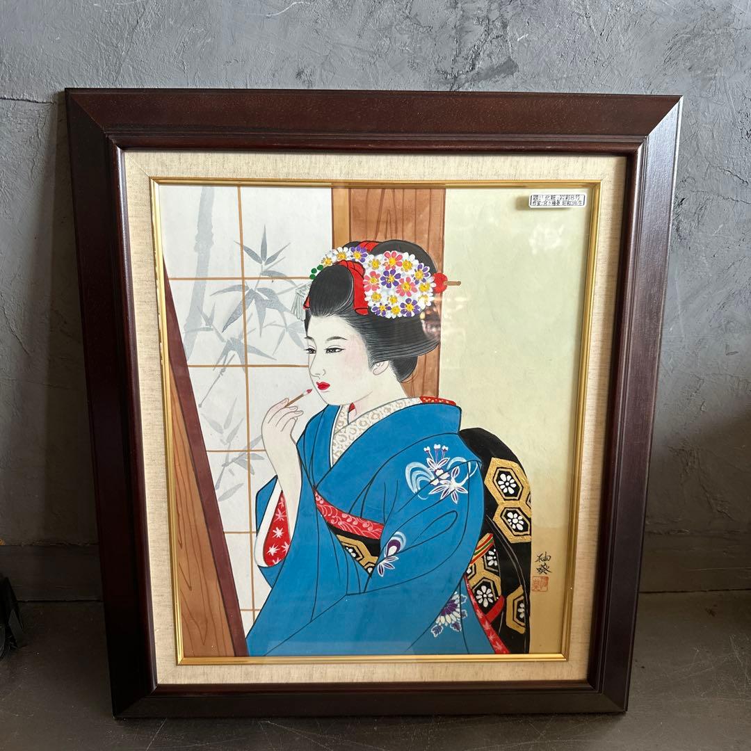 日本画 青い着物の女性