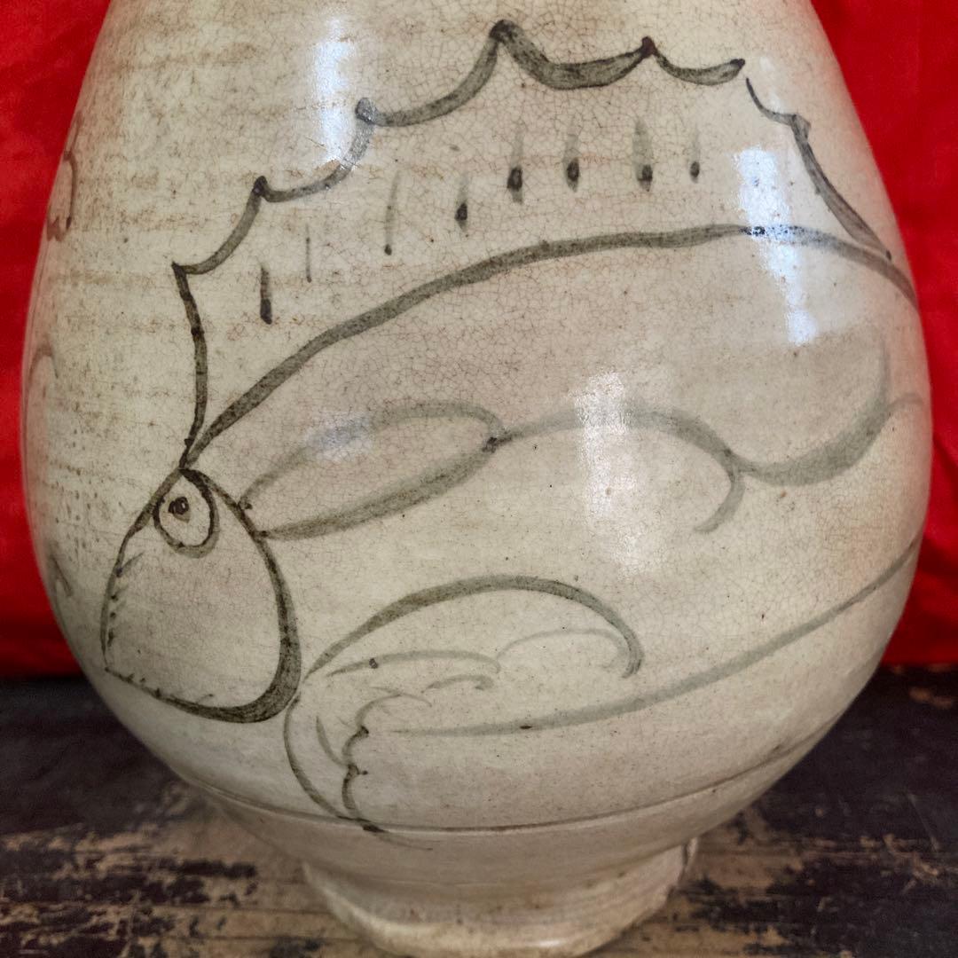 李朝　粉青沙器　白地鉄絵　瓶　徳利　魚水草文　　 鶏龍山