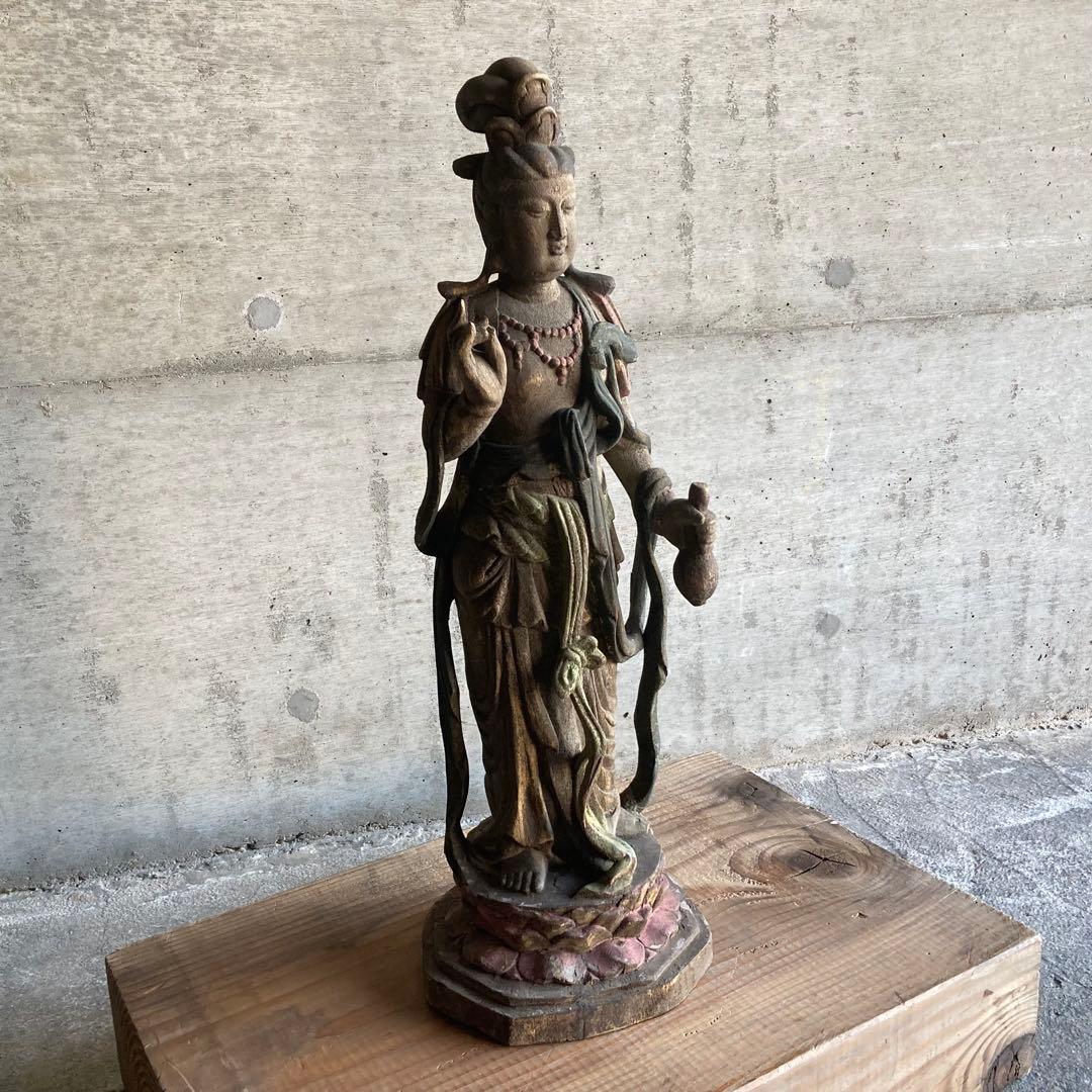 古い仏像 観音菩薩 立像 木製 木彫り 彫刻 置物 古美術 骨董品 レトロ