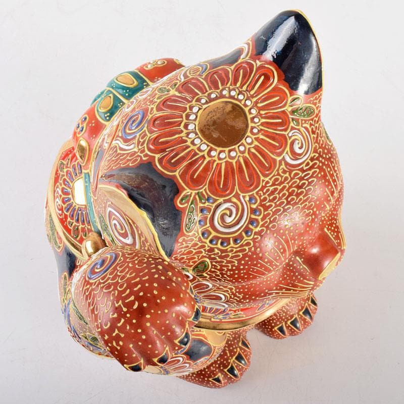 とらさん　九谷焼　色絵金彩　招き猫　置物　縁起物　在銘　F　R4990B