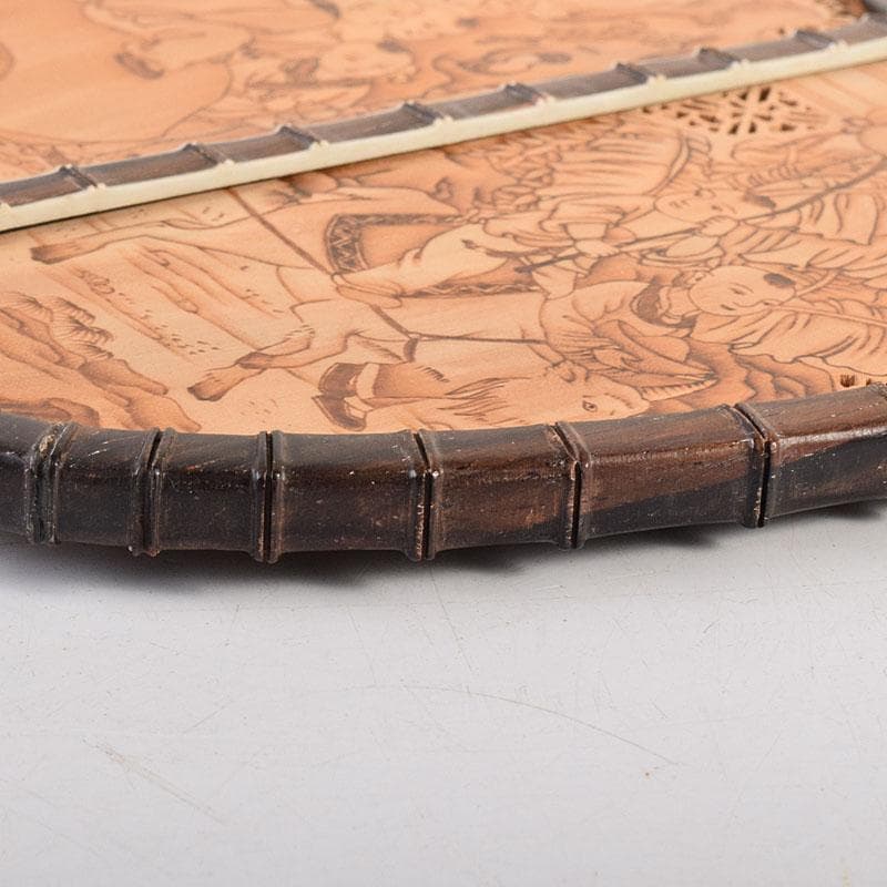 中国　唐木紫檀枠　山水人物彫　檀香宮扇　団扇　証明書付　C　8311