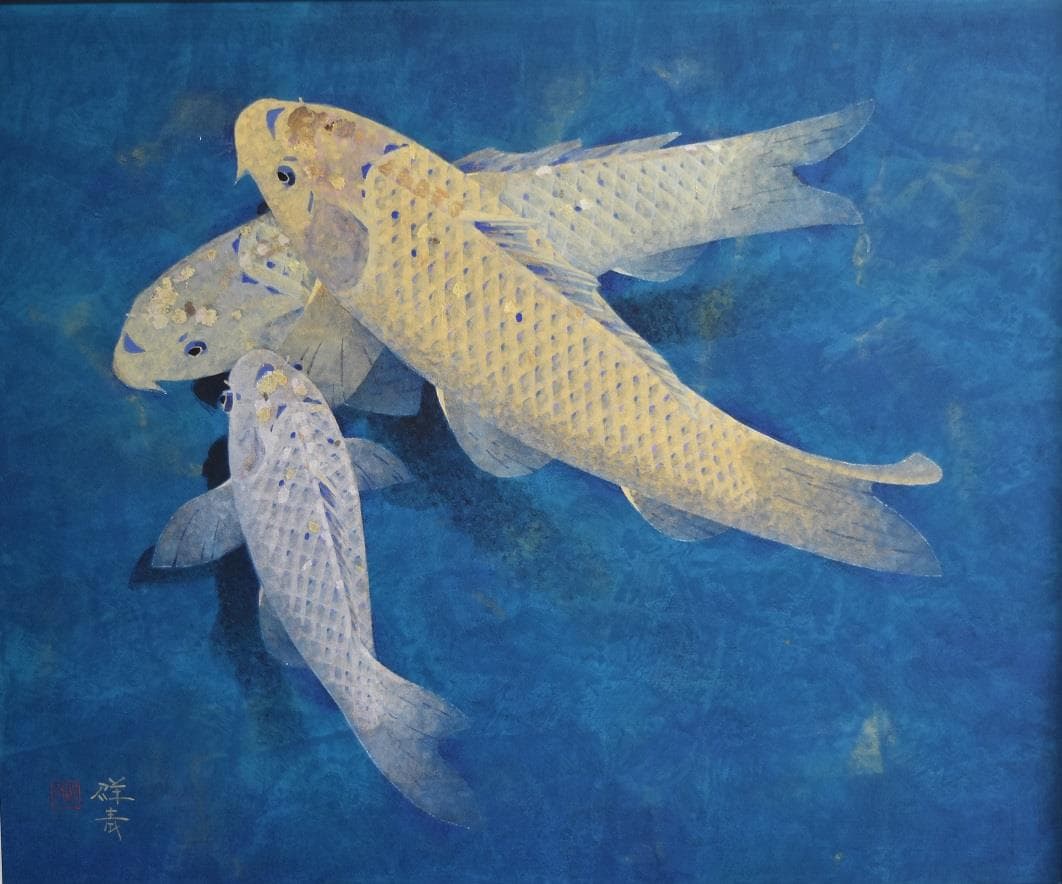 日本画　鯉の名人による繊細なタッチで泳ぐ金鱗銀鱗　逸品