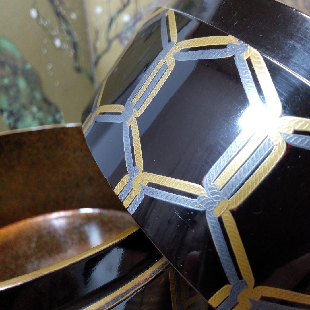 江戸時代骨董 金と銀の紐が六角形に結ばれた模様 四段重箱