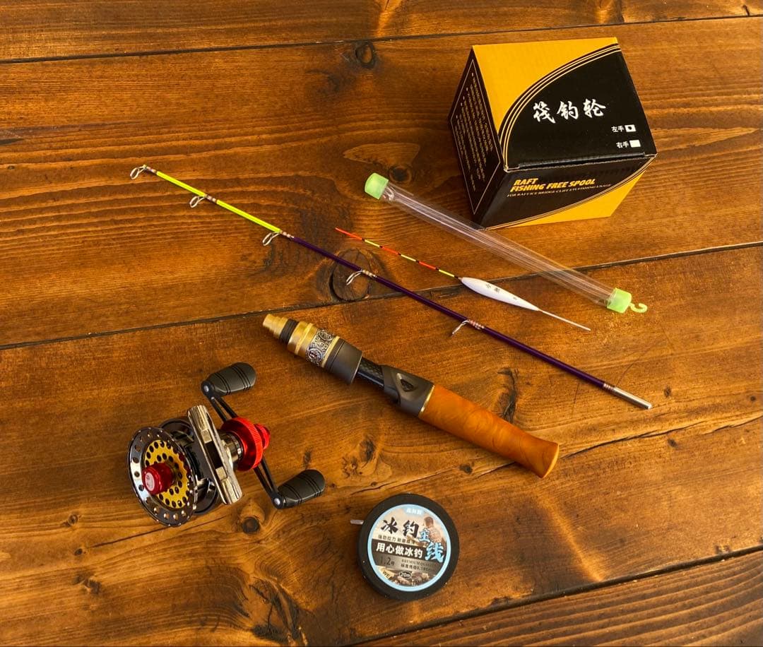 穴釣りセット　アイスフィッシング　穴釣りロッド　天然木グリップ　　タイコリール