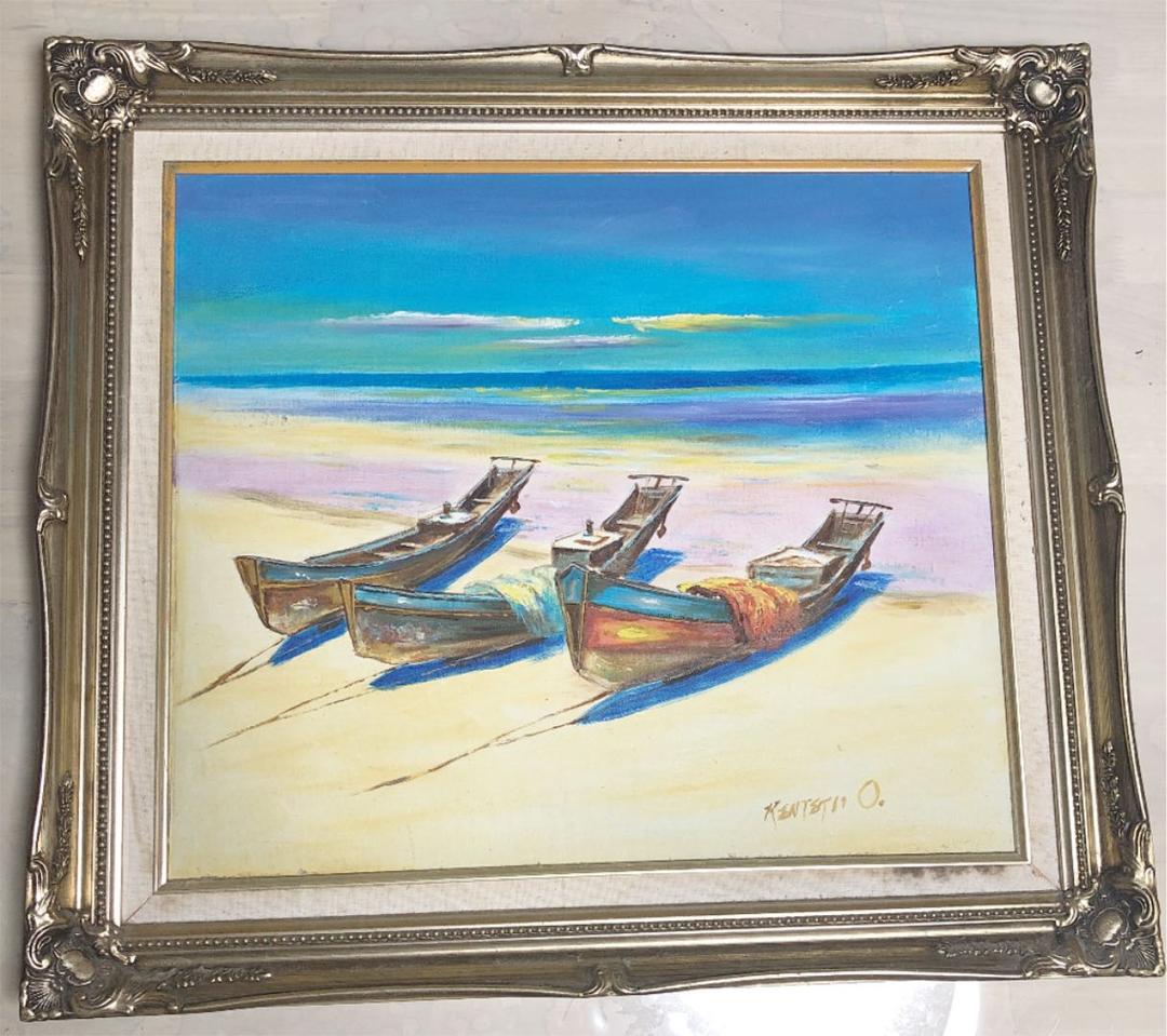 絵画　海　砂浜　癒し　南国の砂浜　舟