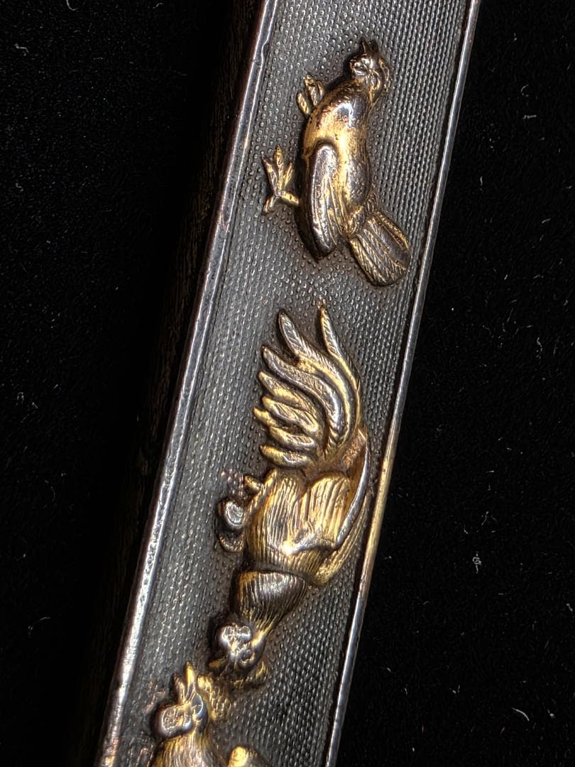 小柄 赤銅魚々子地鶏図 在銘 柳川直孝 花押 刀装具 骨董 古美術 江戸時代