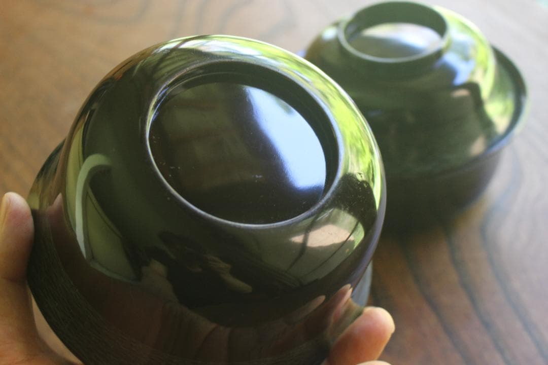 時代逸品！時代黒漆に風情ある青漆松葉蒔絵の映える四つ椀（検京塗懐石道具煮物椀