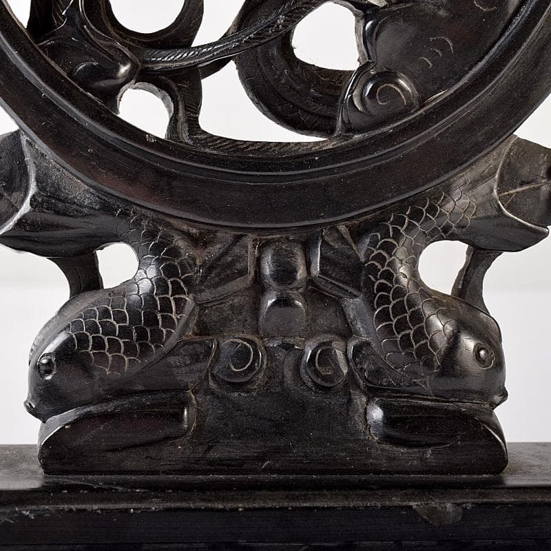 中国　玉石黒石彫刻　鳳凰文透かし彫　硯屏　床飾　置物　時代箱付　C　R8364