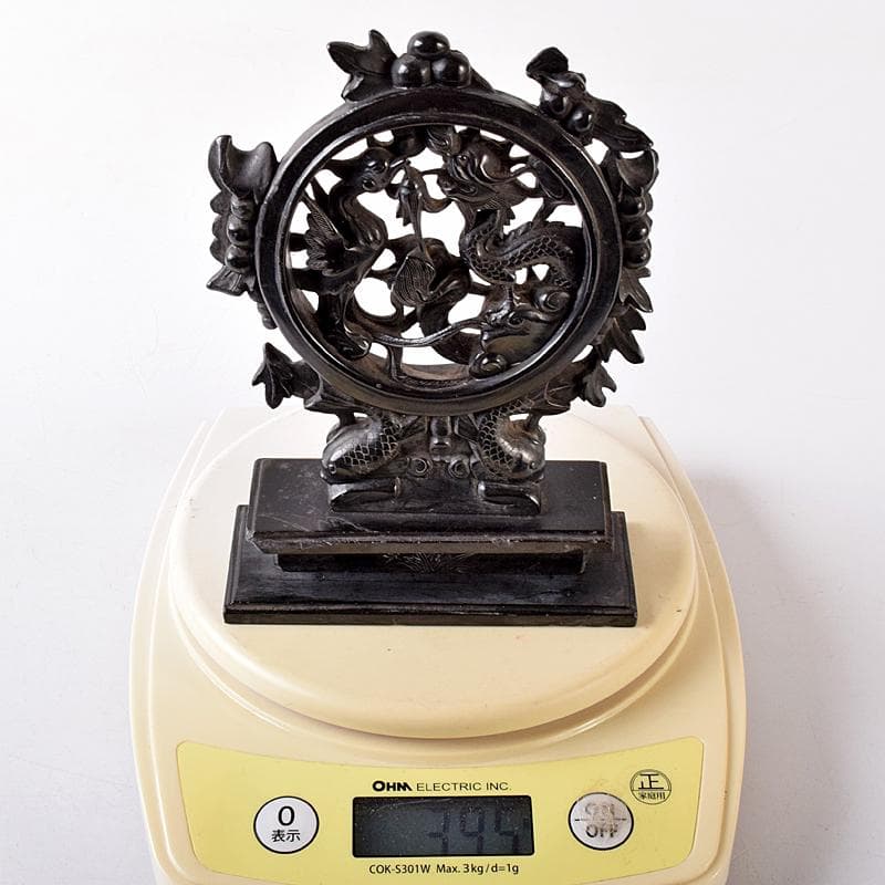 中国　玉石黒石彫刻　鳳凰文透かし彫　硯屏　床飾　置物　時代箱付　C　R8364