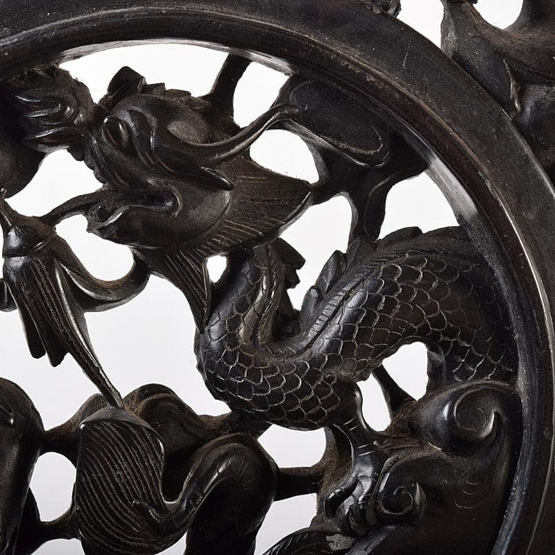 中国　玉石黒石彫刻　鳳凰文透かし彫　硯屏　床飾　置物　時代箱付　C　R8364