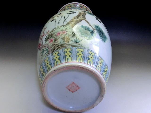壷■鶴松竹梅耳付き大瓶 大清乾隆年製 伴富貴住田沸堂春 花瓶 花唐草紋 骨董品■