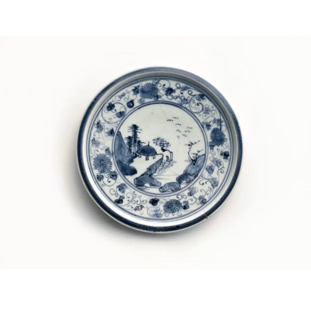 骨董　アンティーク　初期伊万里　花唐草山水文　七寸皿　丸皿　中皿　古伊万里　染付