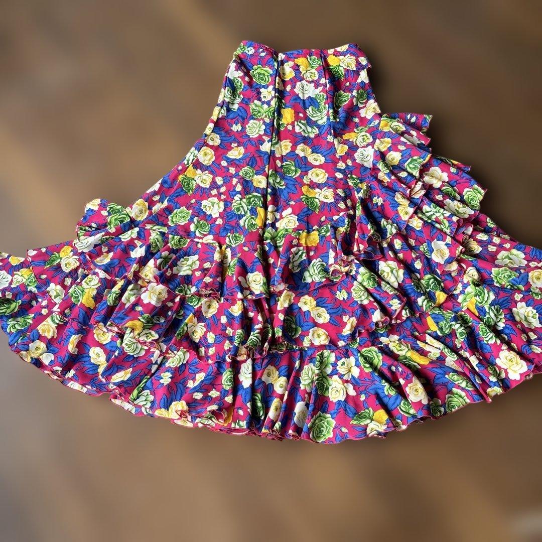 フラメンコ スカート 紫と花柄三点セットアップ