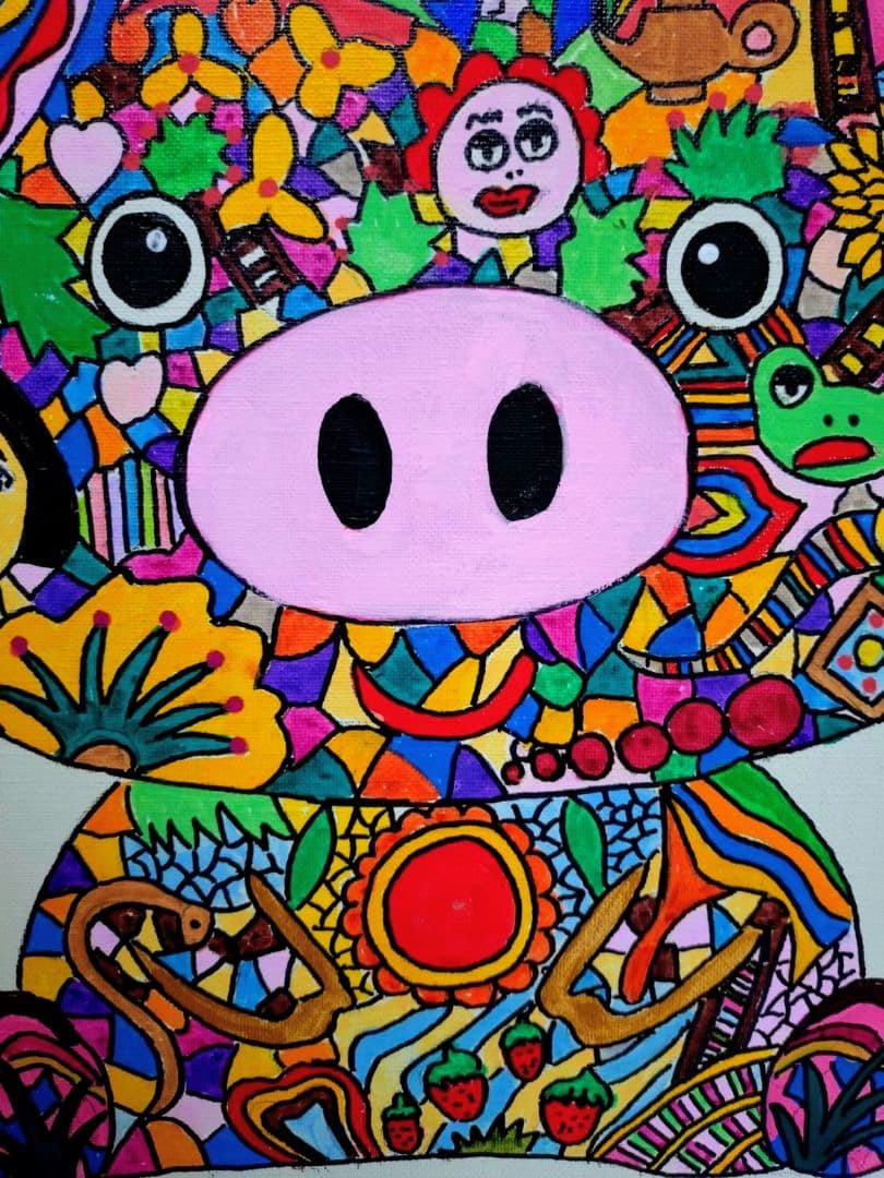 【F6号】ジミー大西【Pig】手描き作品/表裏サイン/油彩/アクリル/絵画/額縁