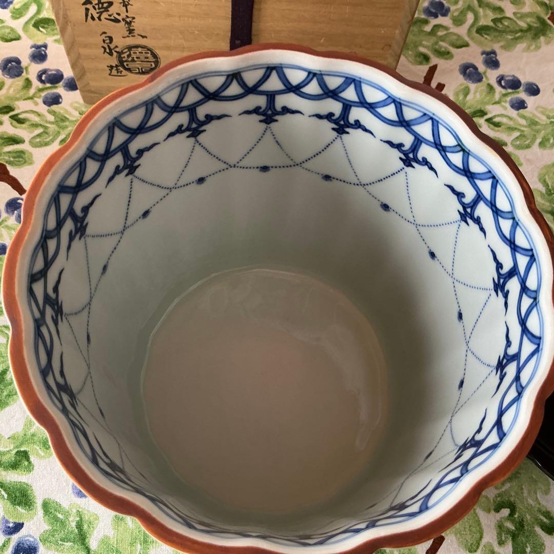 西村徳泉造　桶川染付水指　輪花口　紫翠窯