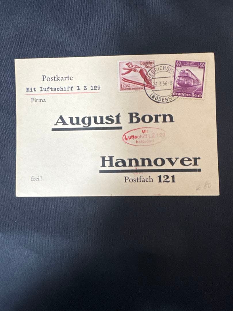 1936年 ドイツ　LZ129「ヒンデンブルク」飛行船郵便カバー　歴史的遺産