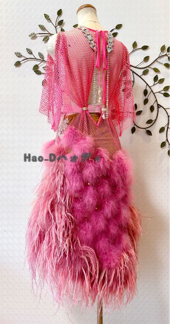 新品★ラテンドレス★S〜SM★社交ダンス★リズム★ボリューミー羽★競技会★ピンク