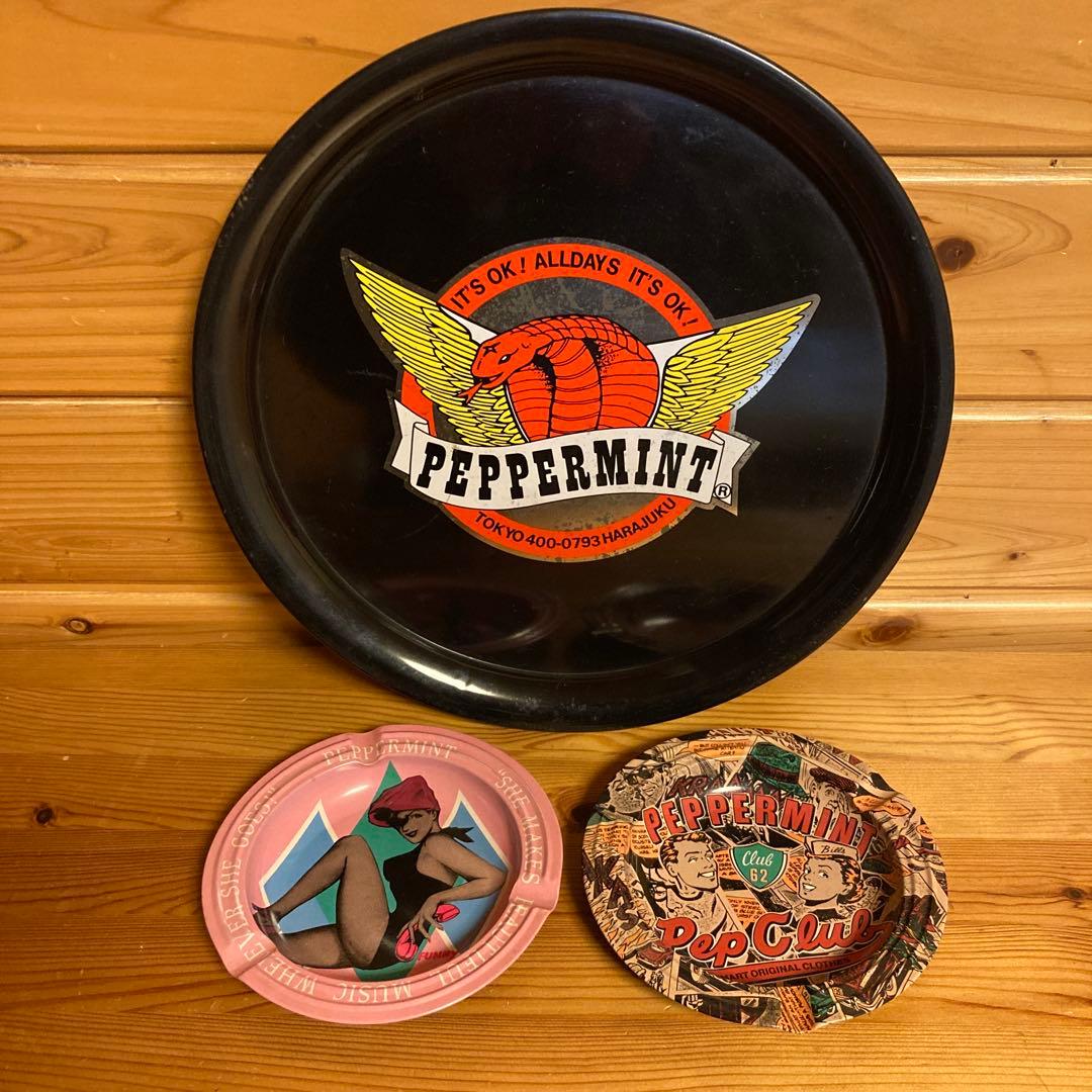 80年代当時物 PEPPERMINT 丸型ブリキトレー&灰皿セット ロカビリー