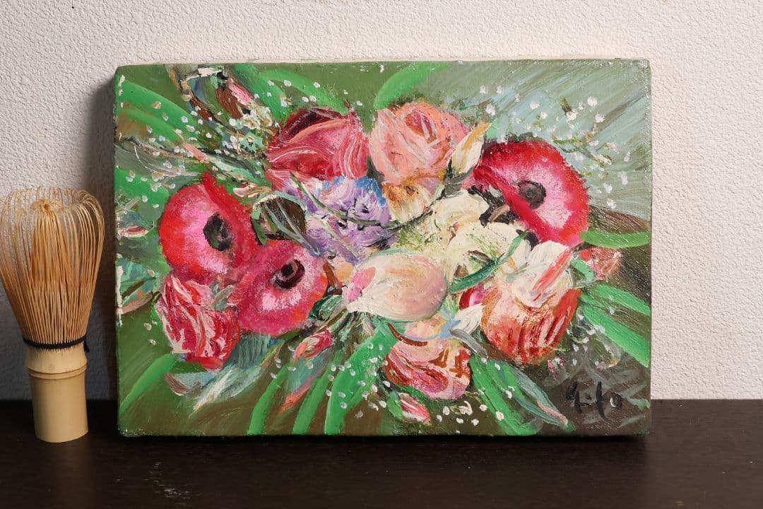 【真作】中島裕子 油彩 SM号「ファンタジーの花々」額装 ポピー 薔薇CM173