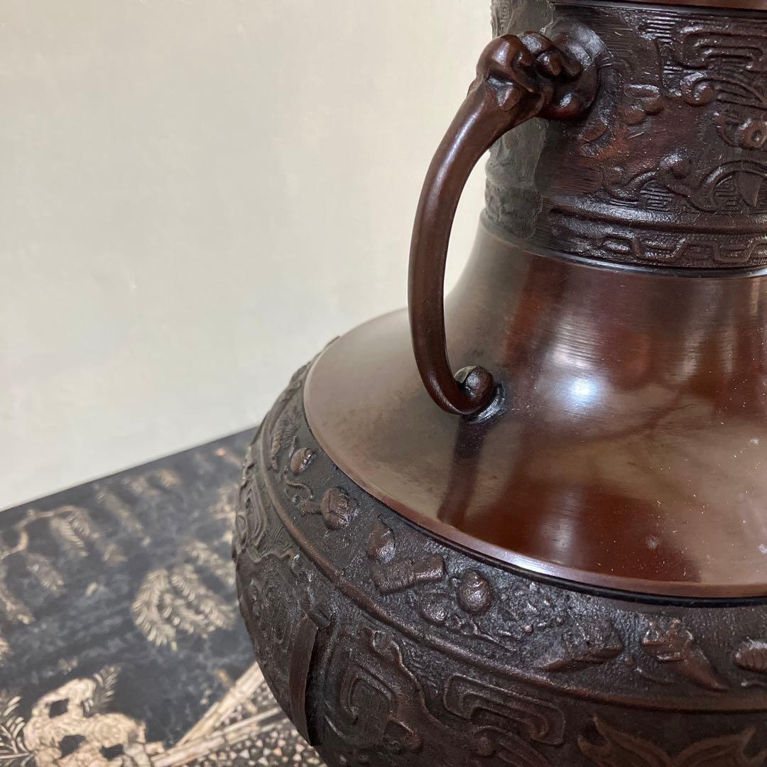 高岡銅器　鋳銅花瓶　銅製花瓶　花器　龍泉堂　天龍　耳付花瓶　骨董品