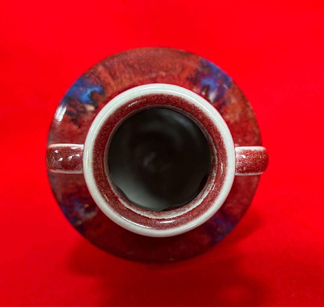 中国美術 古玩 红釉雙耳花瓶 花器 置物　コレクション
