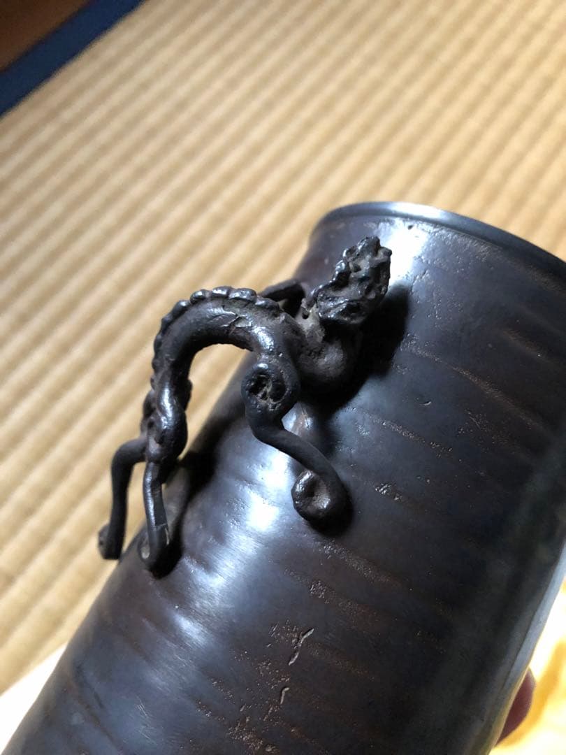 鋳銅　雨龍紋　筆筒　須賀月真氏作　共箱入